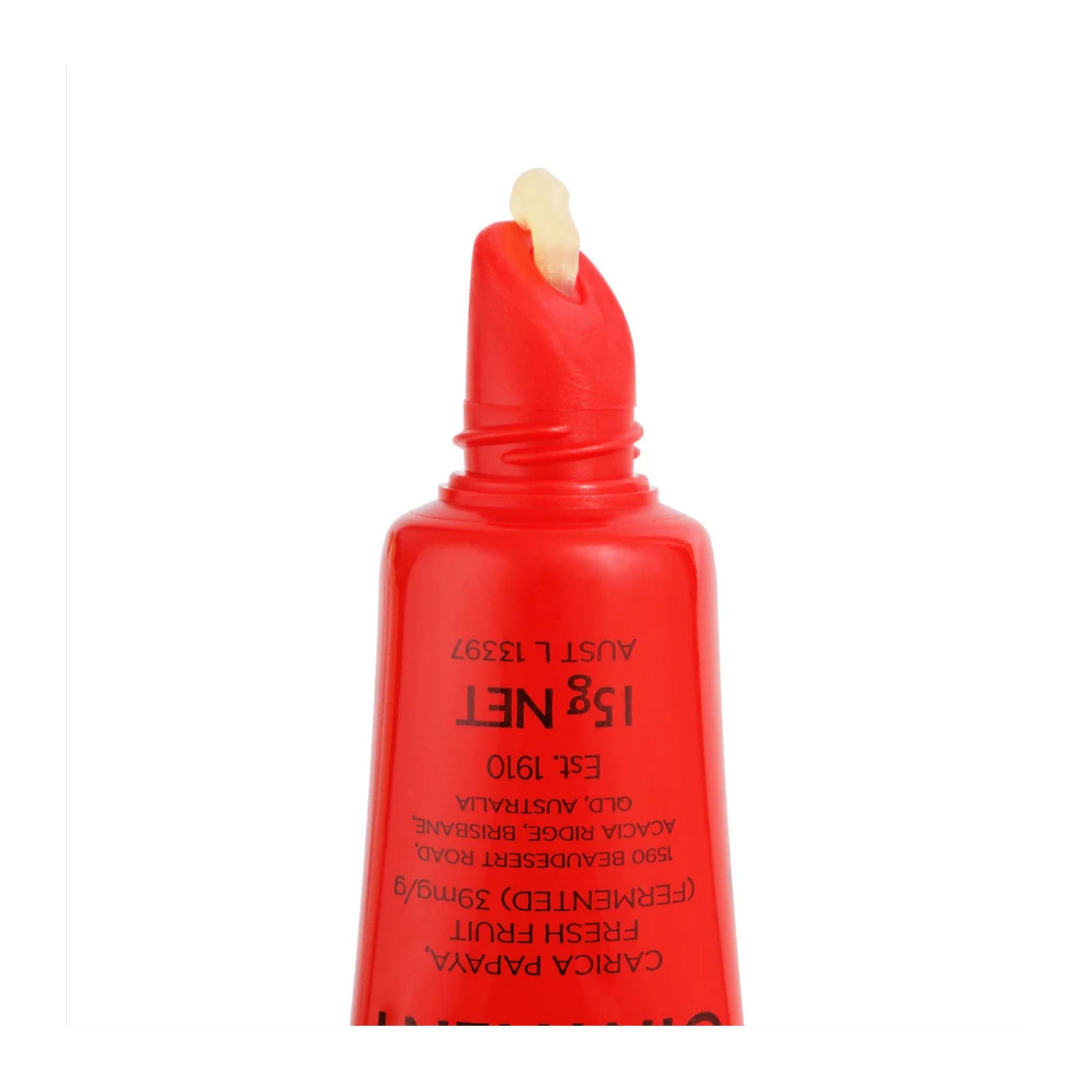 Red lip gloss tube with applicator on a white background