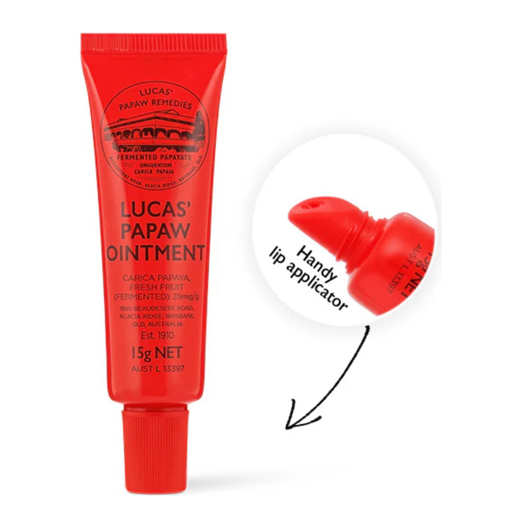 Red tube of Lucas Papaw Ointment with a close-up of the lip applicator on a white background