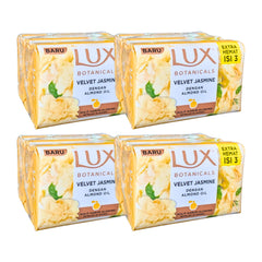 Four packages of Lux Botanicals Velvet Jasmine soap on a white background