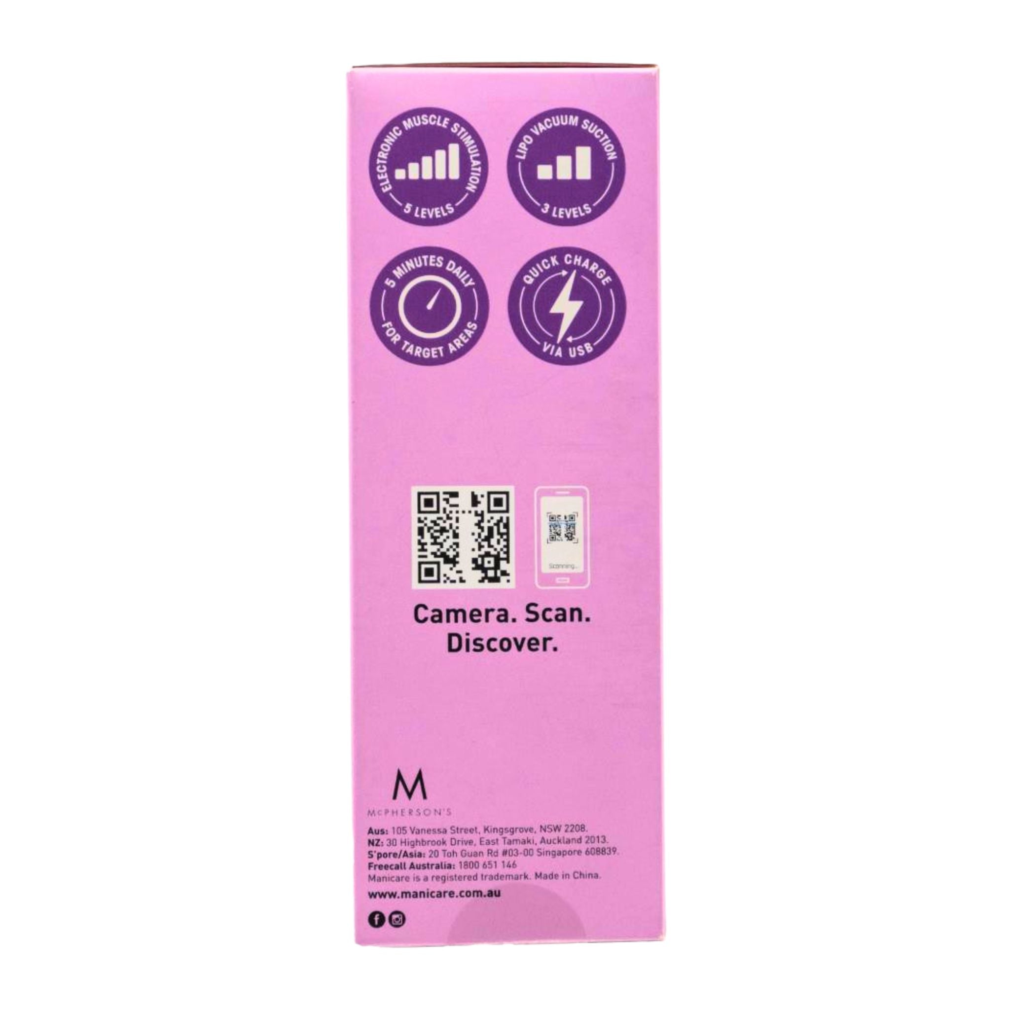 Pink product box with QR code and text on a white background