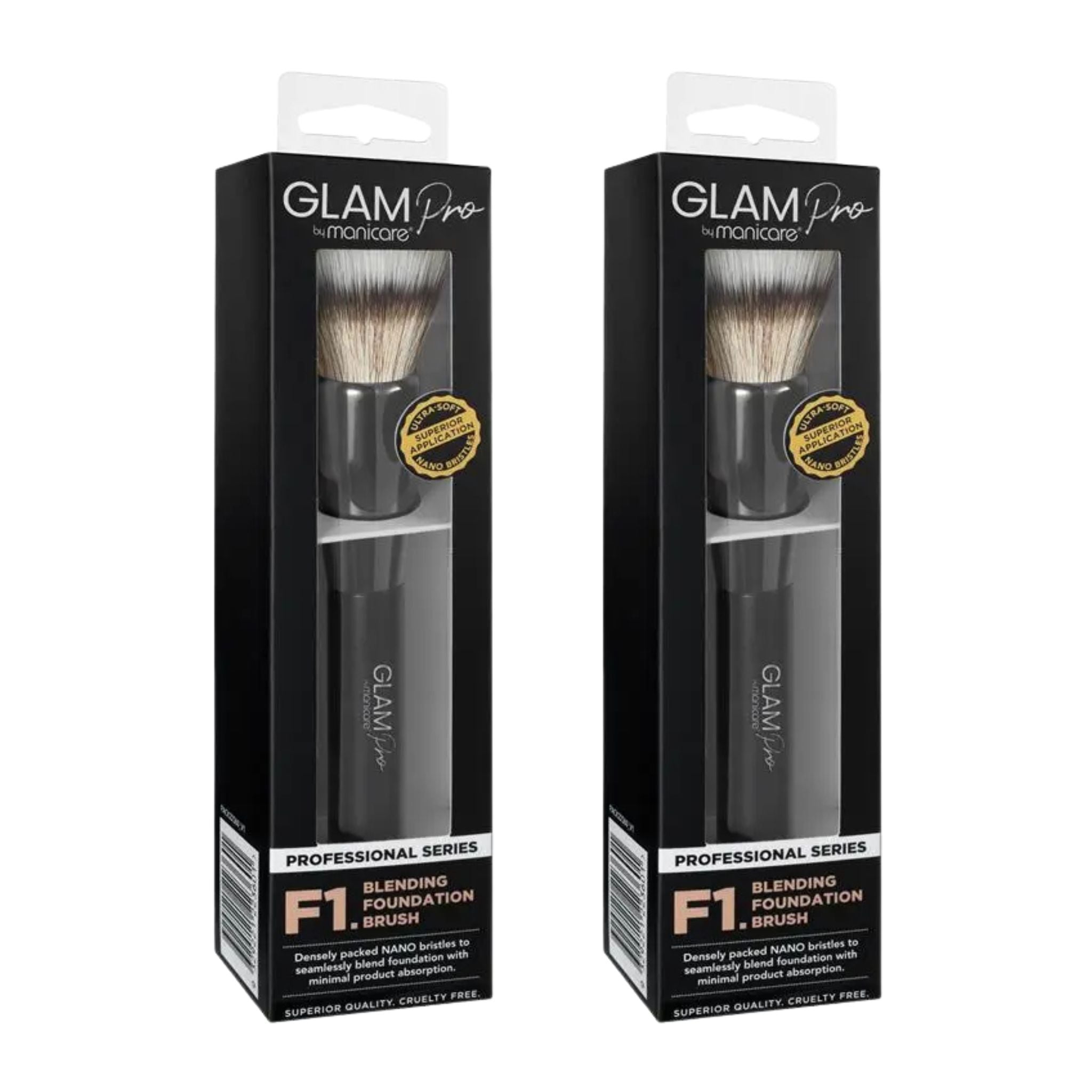 Two Glam Pro F1 blending foundation brushes in packaging on a white background