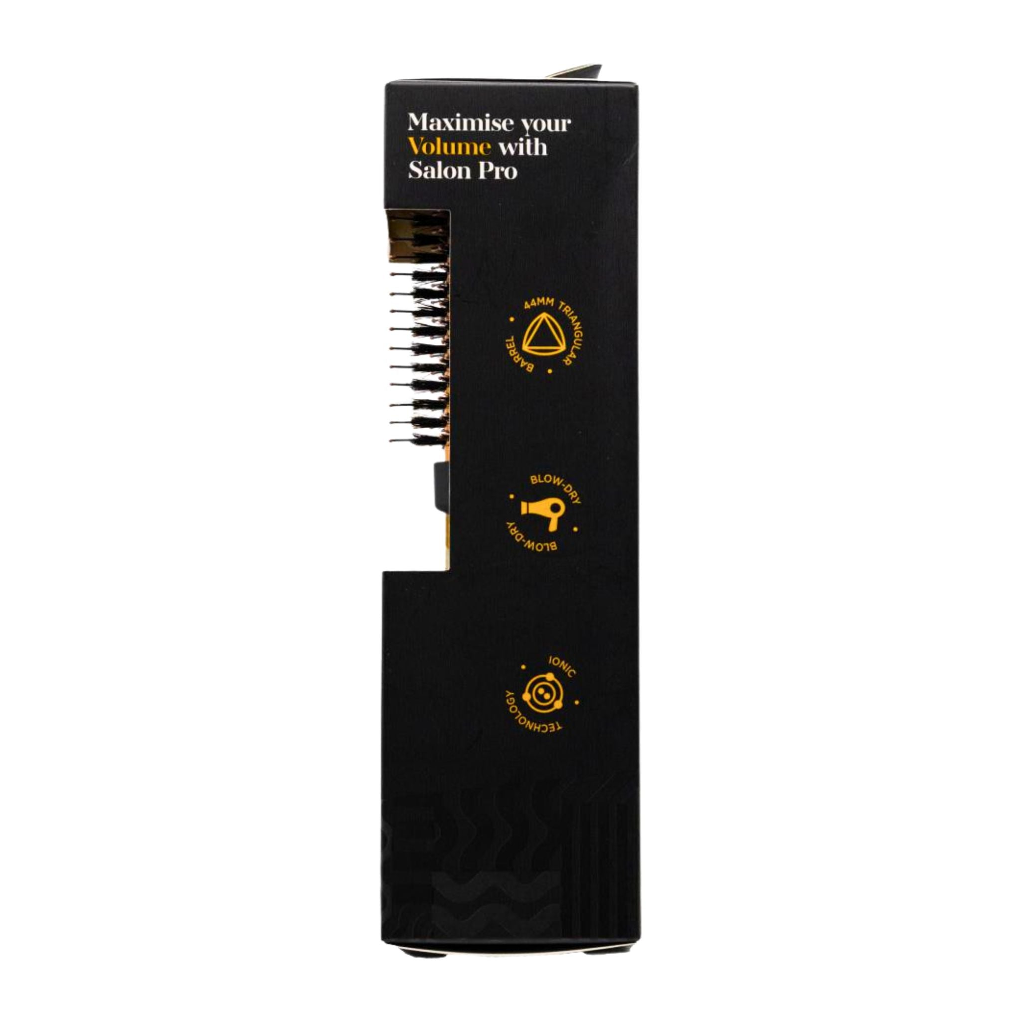 Black hair volumizer with yellow text and logos on a white background