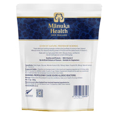 Back of Manuka Health Manuka Honey Drops with Propolis 250g pouch – product information, nutrition details, and barcode visible