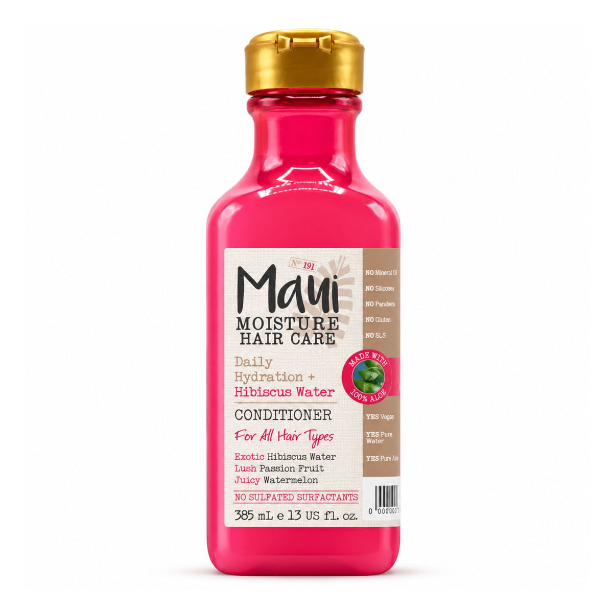 A bottle of Mayi Moisture Hair Care Conditioner in a vibrant pink bottle with a gold cap, shown on a clean white background.
