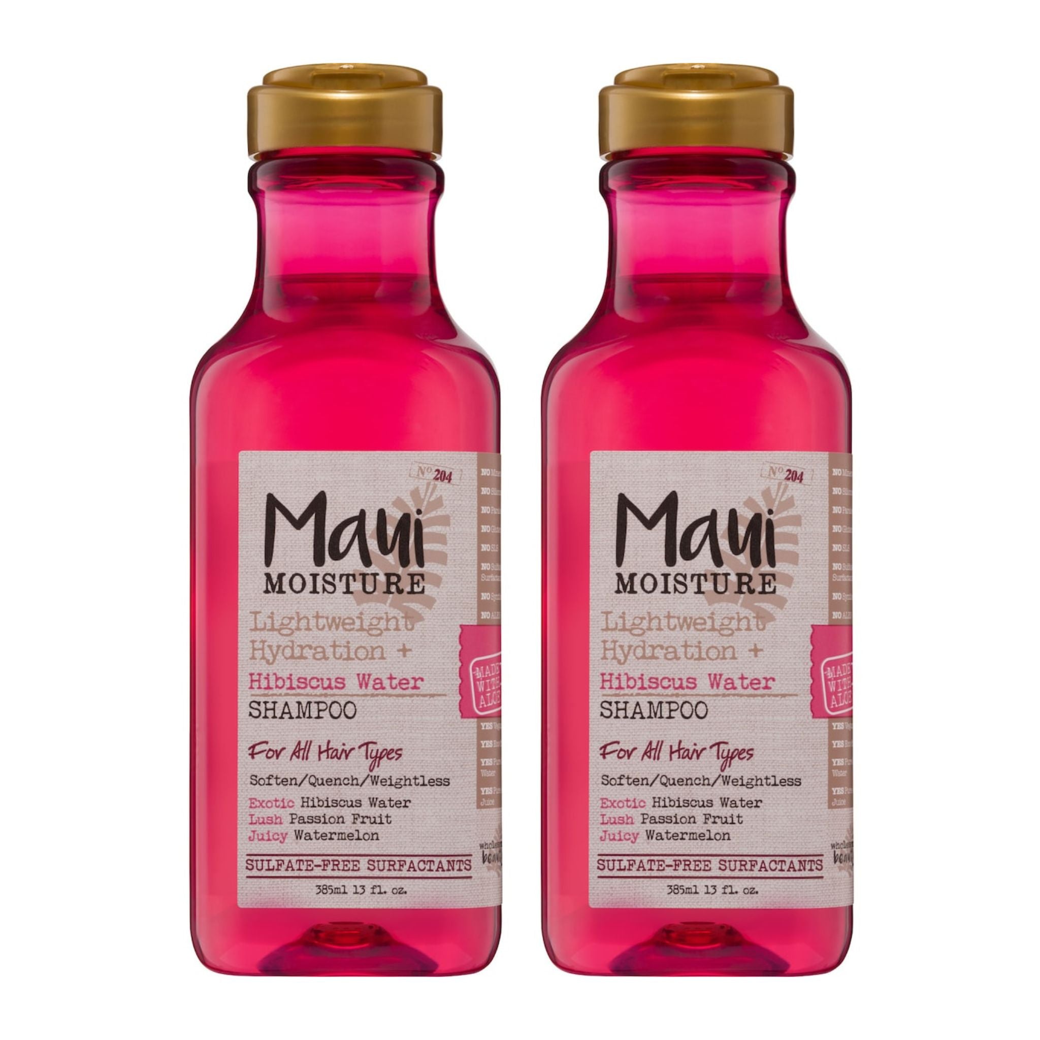 Two bottles of Maui Moisture shampoo with pink liquid and gold caps on a white background.