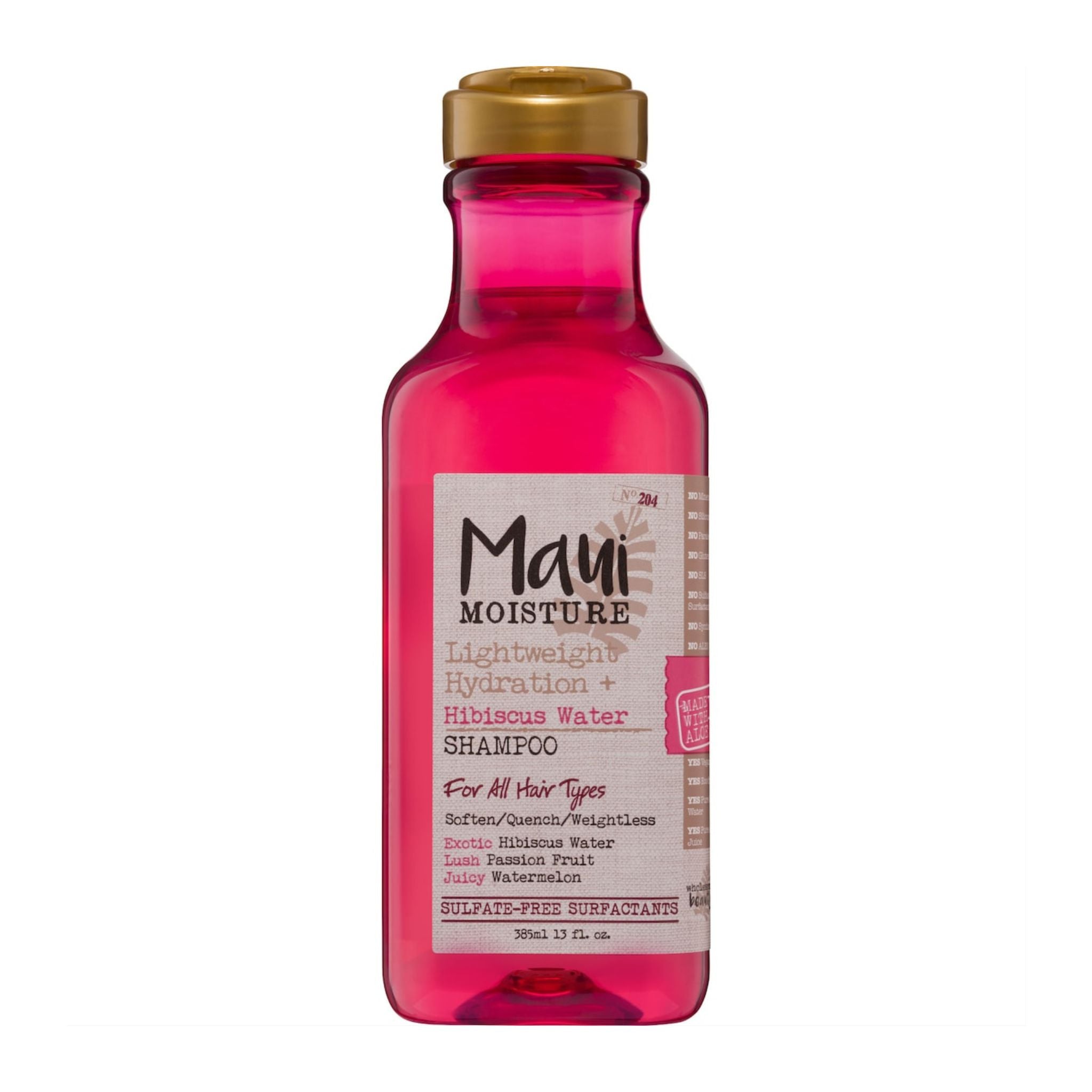 Maui Moisture shampoo bottle with pink liquid and gold cap on a white background