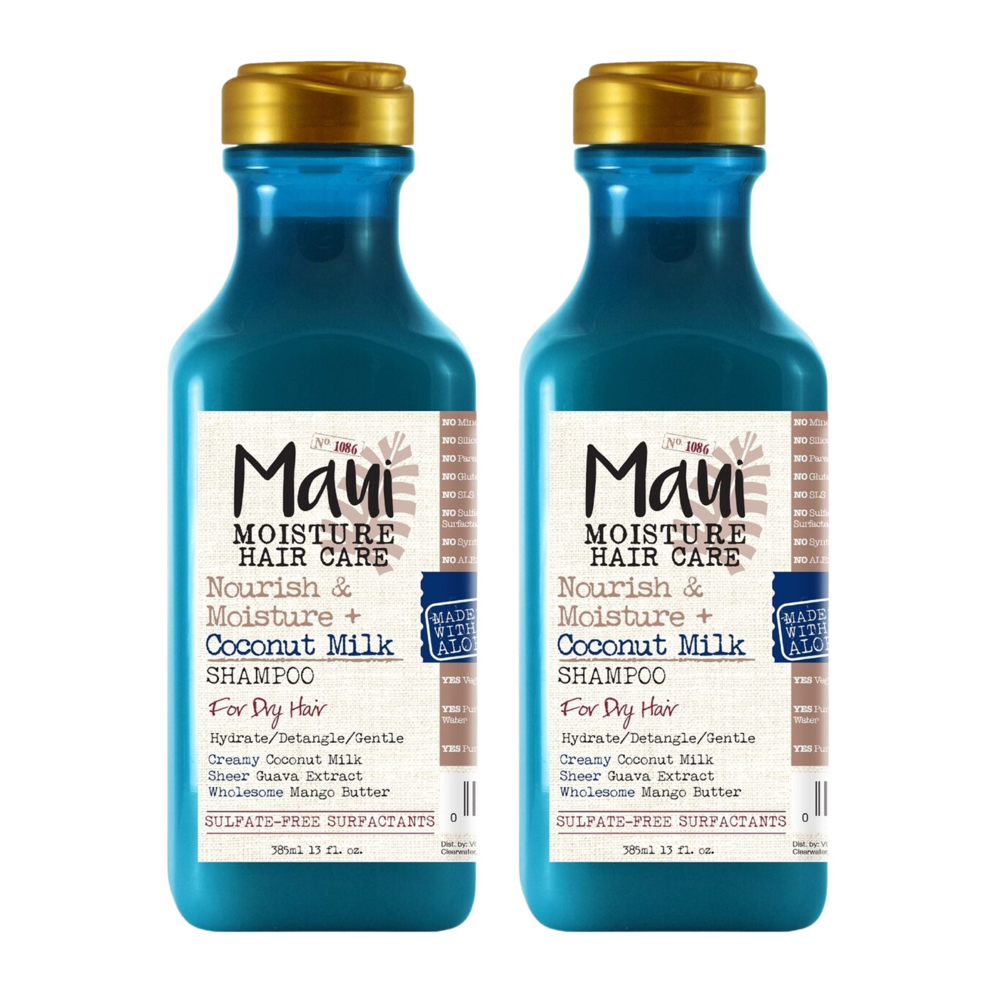 Two bottles of Maui Moisture Hair Care shampoo with coconut milk on a white background