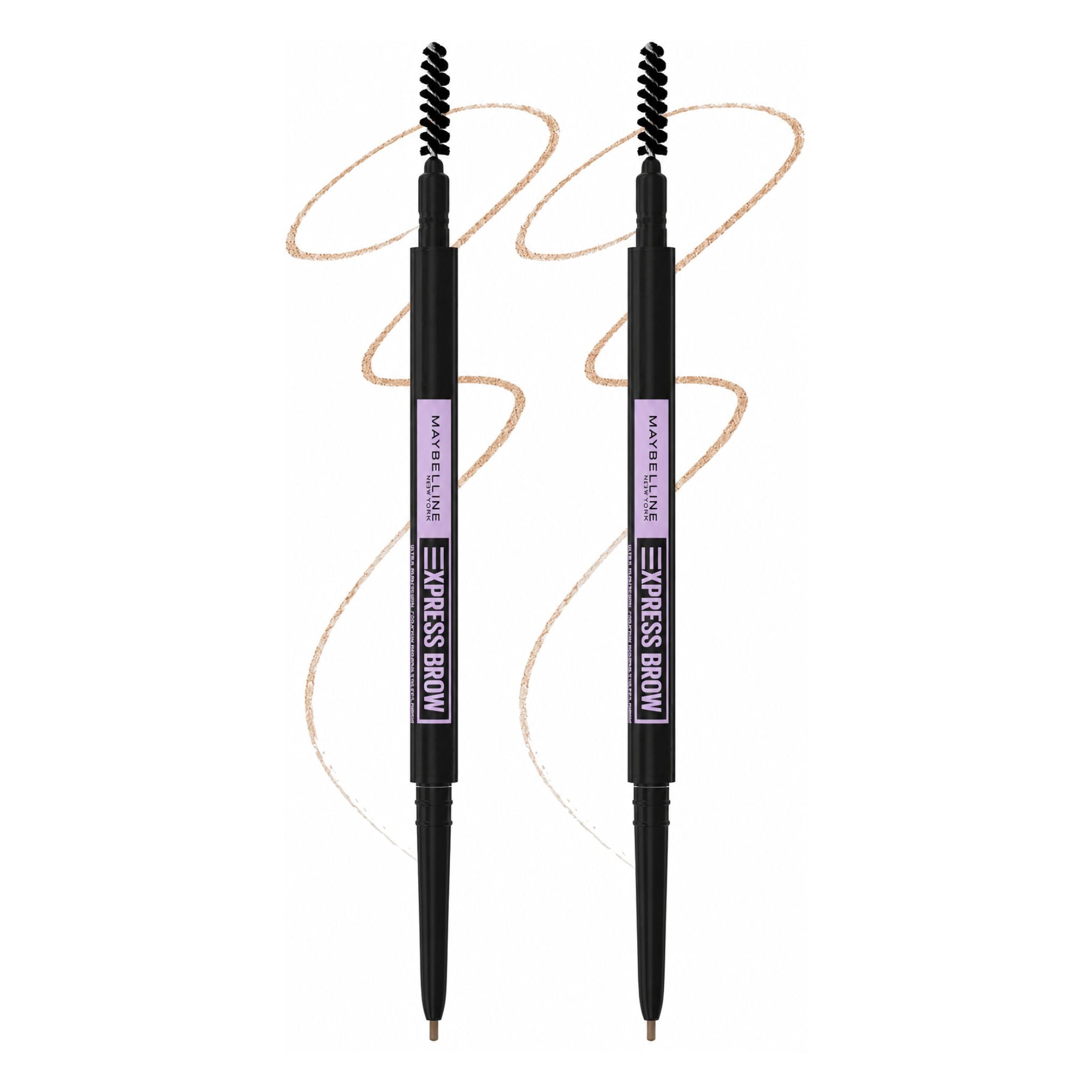 Two black Maybelline Press Brow pencils with spoolie and dark brown pomade tips, shown on a white background with light beige brow swatches behind them.