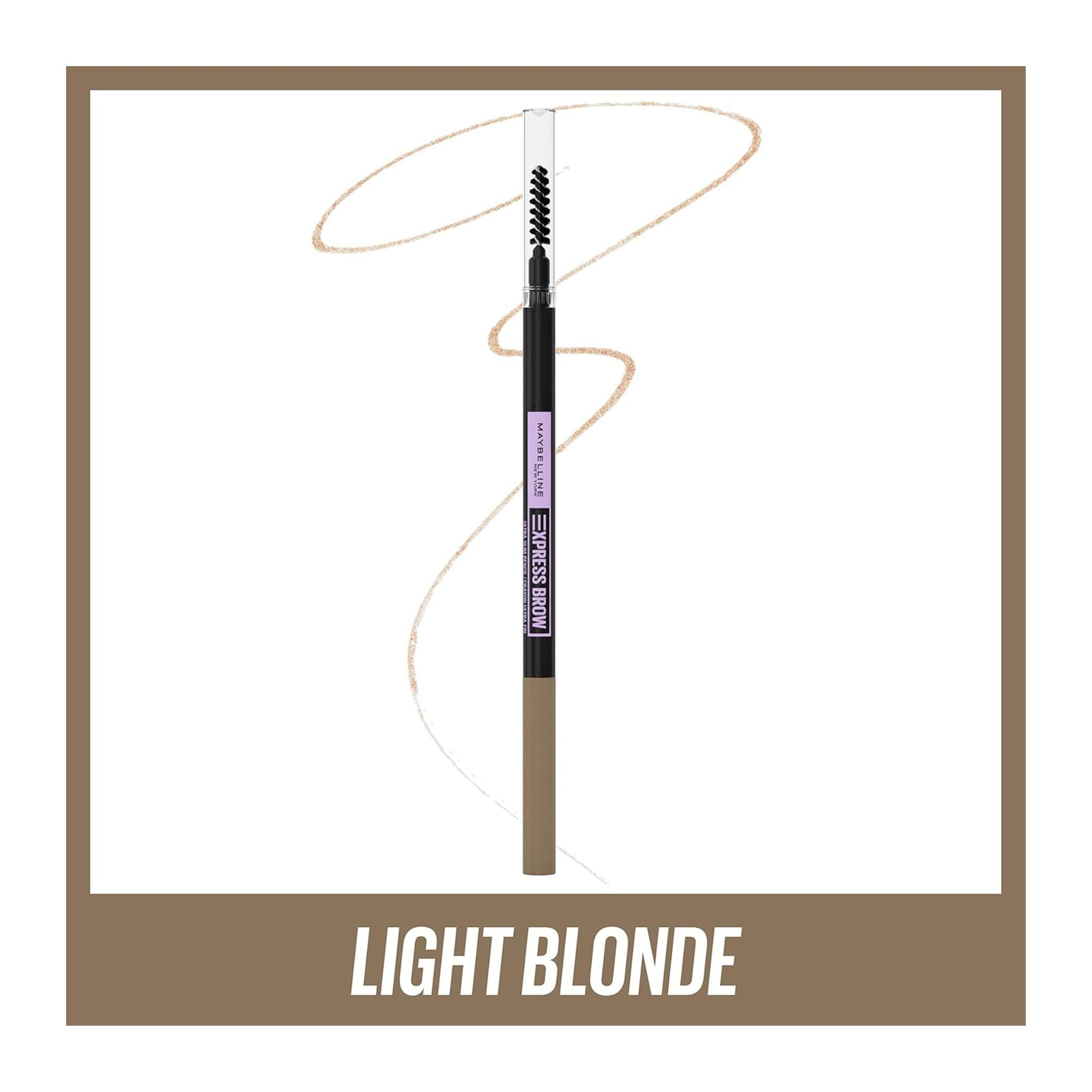 Maybelline Xpress Brow Pencil in Light Blonde shade – colour swatch showing soft natural tone for fair brows.