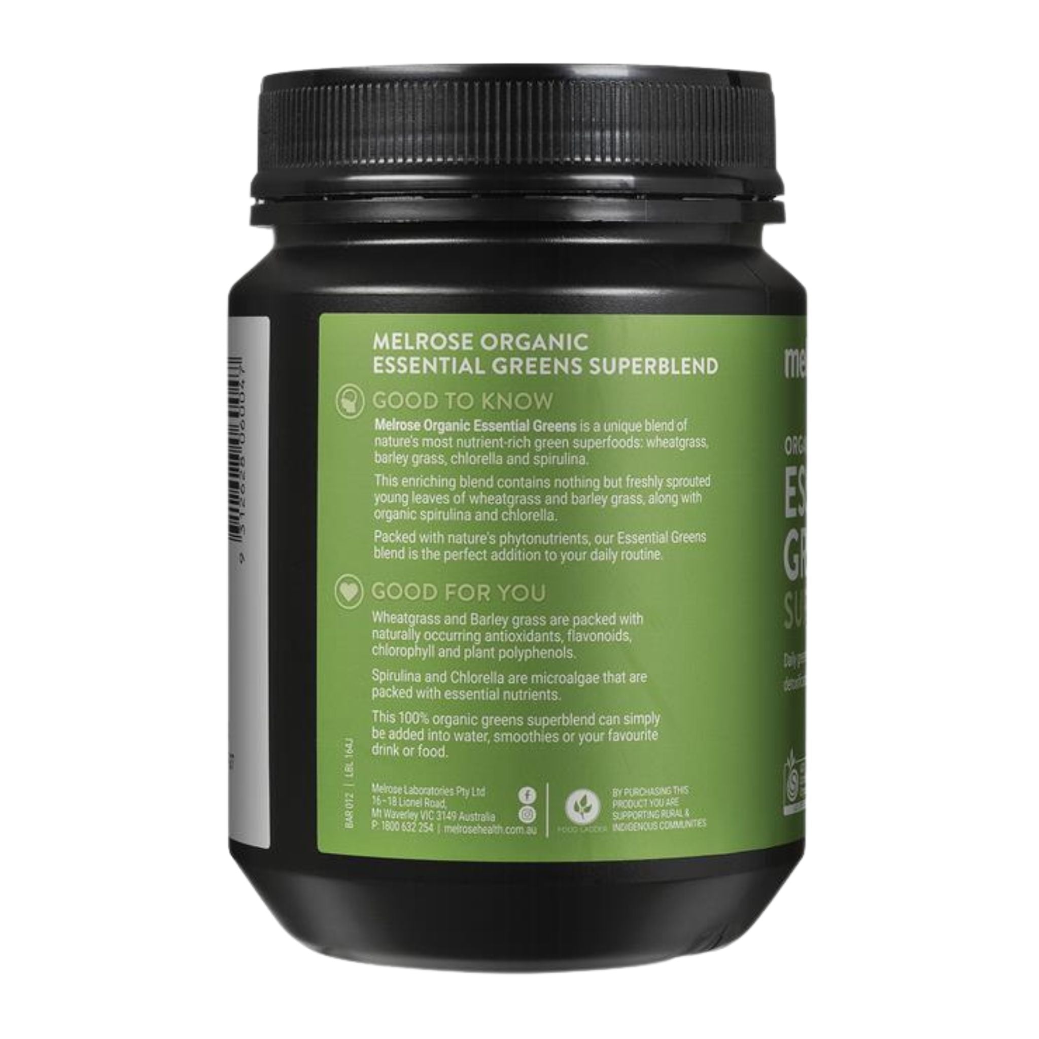 Back view displaying nutritional information of Melrose Organic Essential Greens 200g