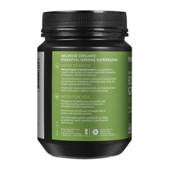 Back view displaying nutritional information of Melrose Organic Essential Greens 200g
