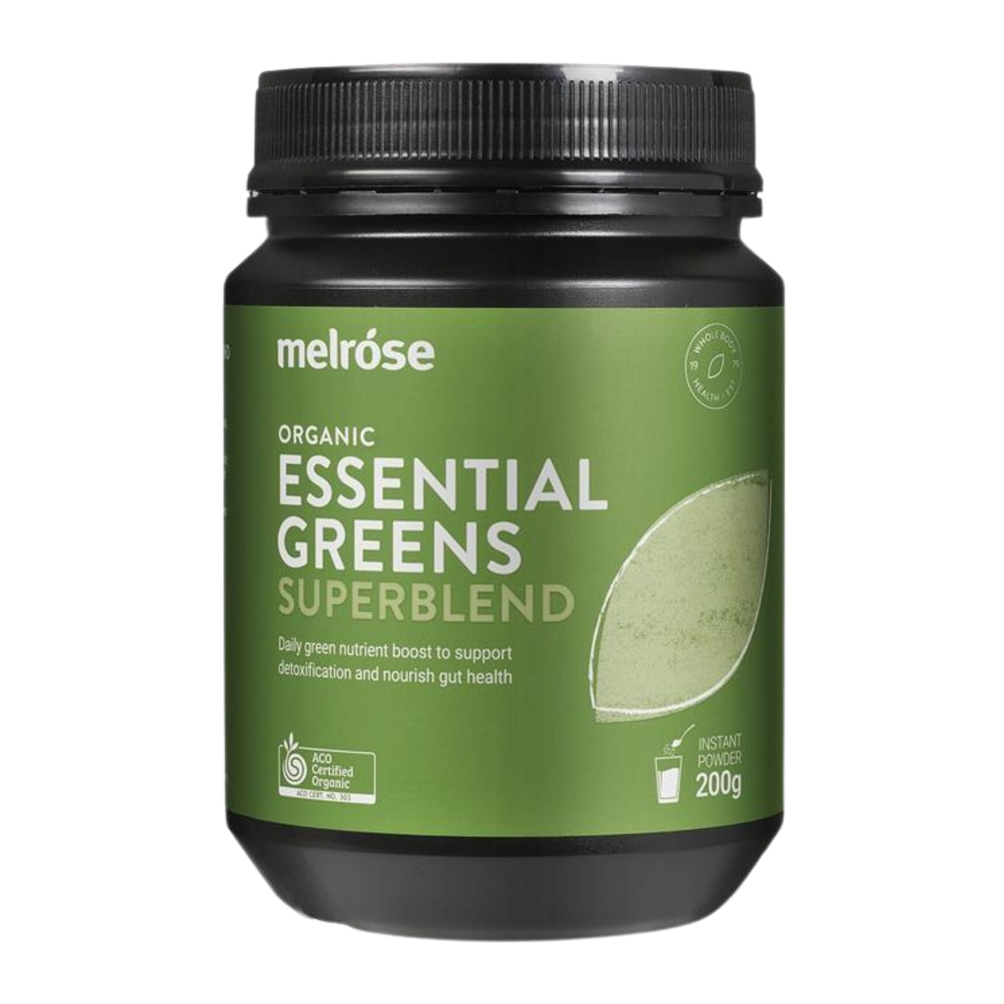 Front view of Melrose Organic Essential Greens 200g jar