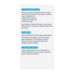 Product label for Menevit supplement with text on sperm health support, usage directions, and warnings.