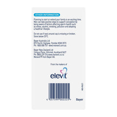 Back label of a product with Elevit branding and contact information.