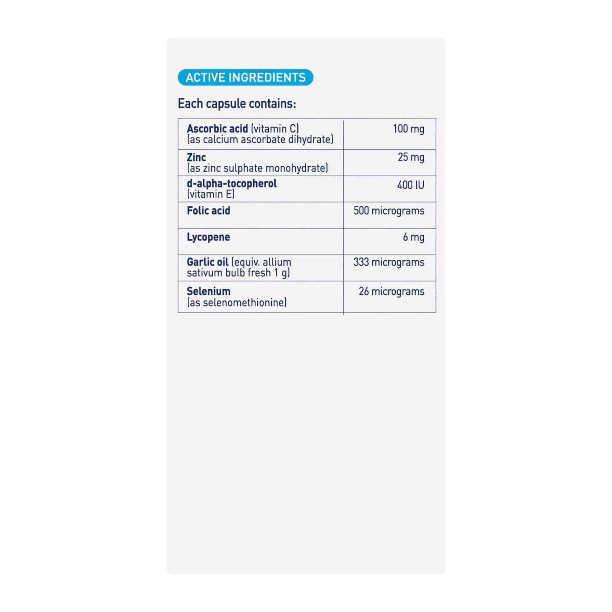 List of active ingredients in a capsule on a white background