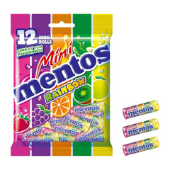 Packaging of Mini Mentos Rainbow candy with colorful design on a white background