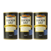 Three cans of Mitani Classic Chicken Salt seasoning on a white background
