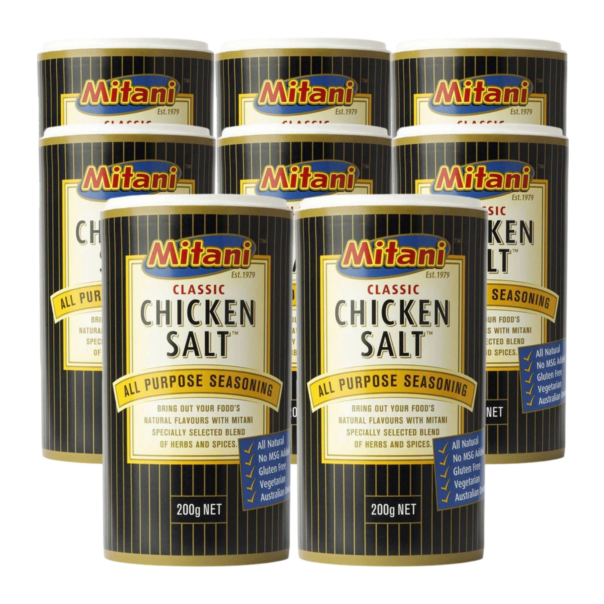 Mitani Classic Chicken Salt – Pack of 8 x 200g jars arranged in front view with bold black and yellow packaging.