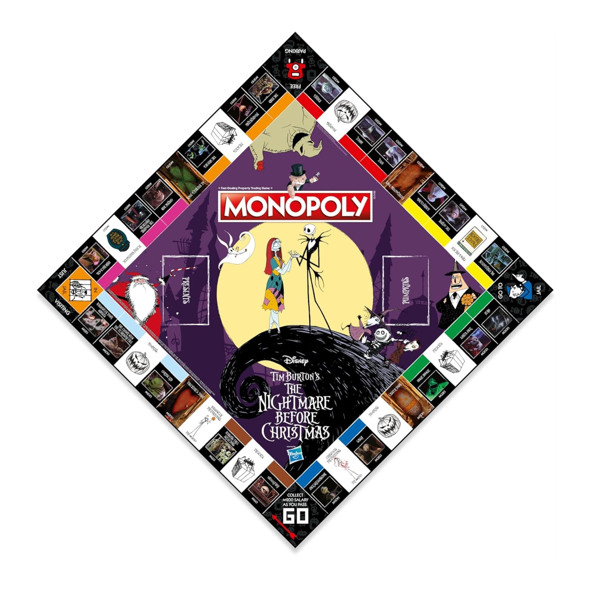 Monopoly board game with 'The Nightmare Before Christmas' theme on a white background