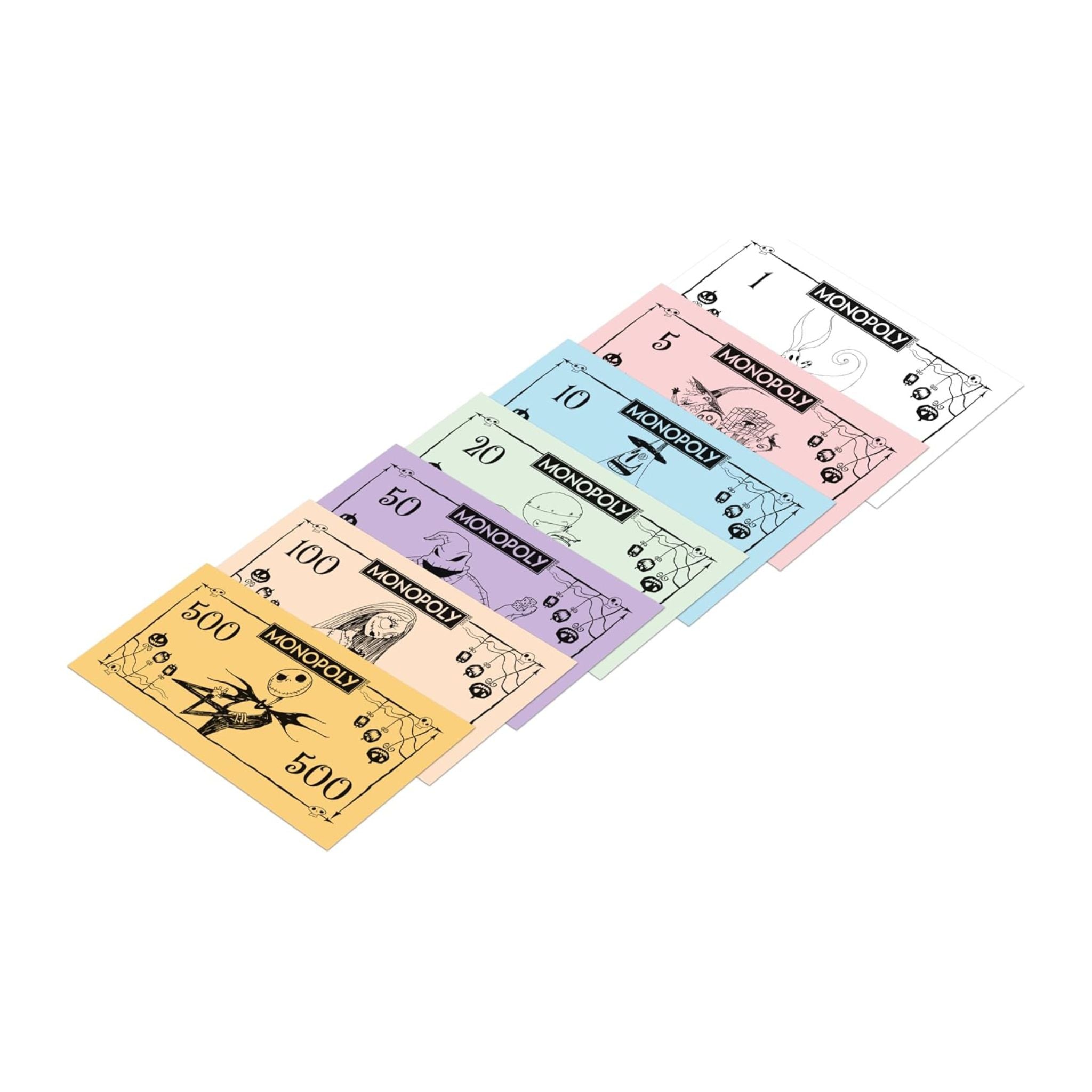 Set of Monopoly money cards on a white background