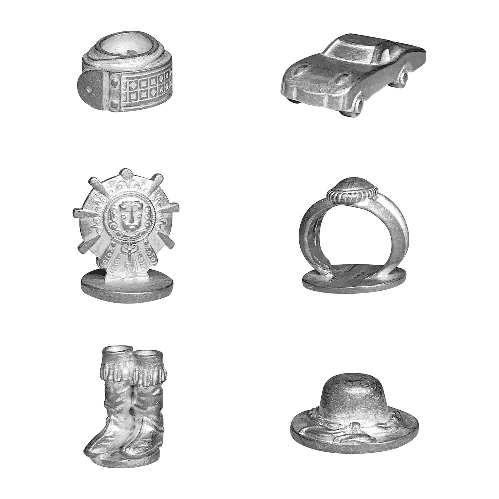 Set of six metallic figurines on a white background