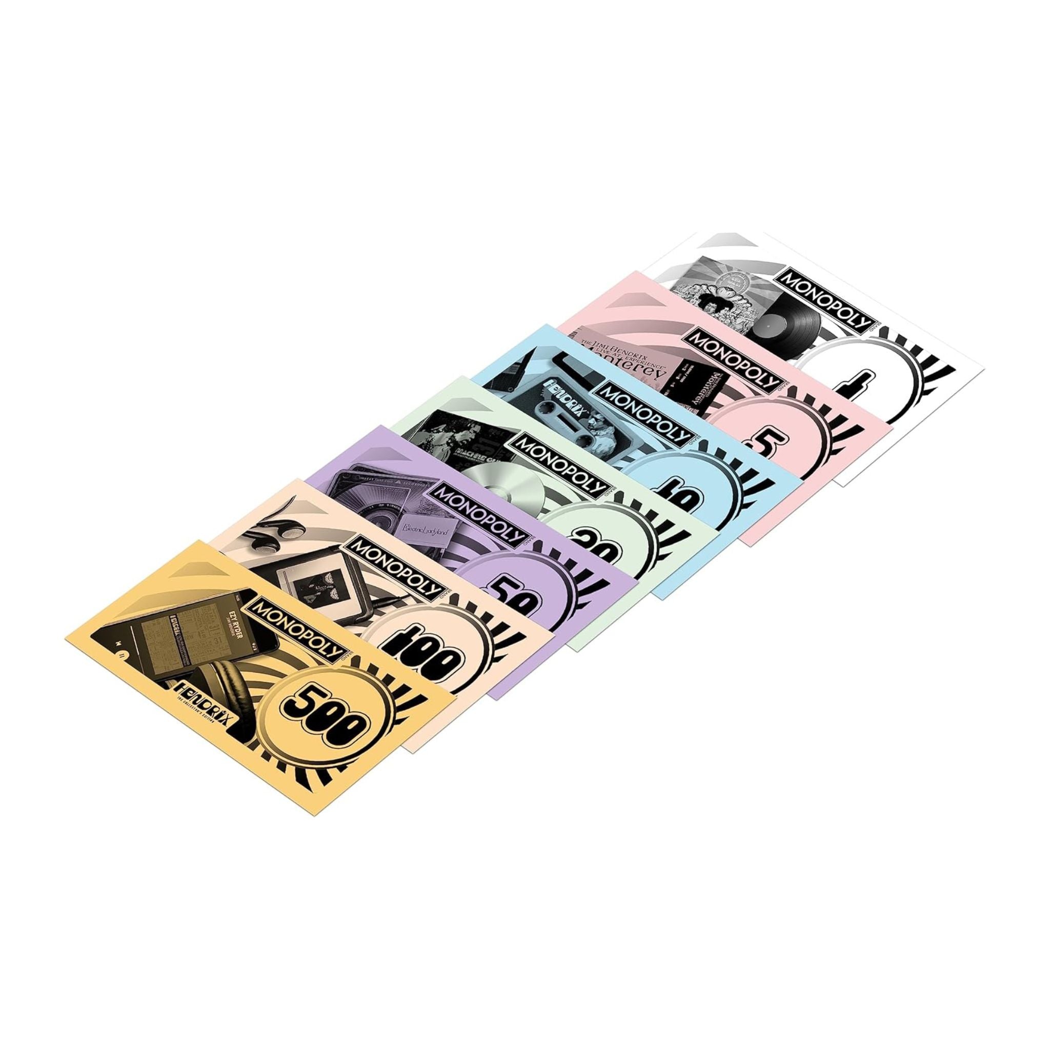Set of colorful Monopoly money pieces on a white background