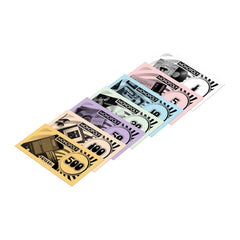 Set of colorful Monopoly money pieces on a white background