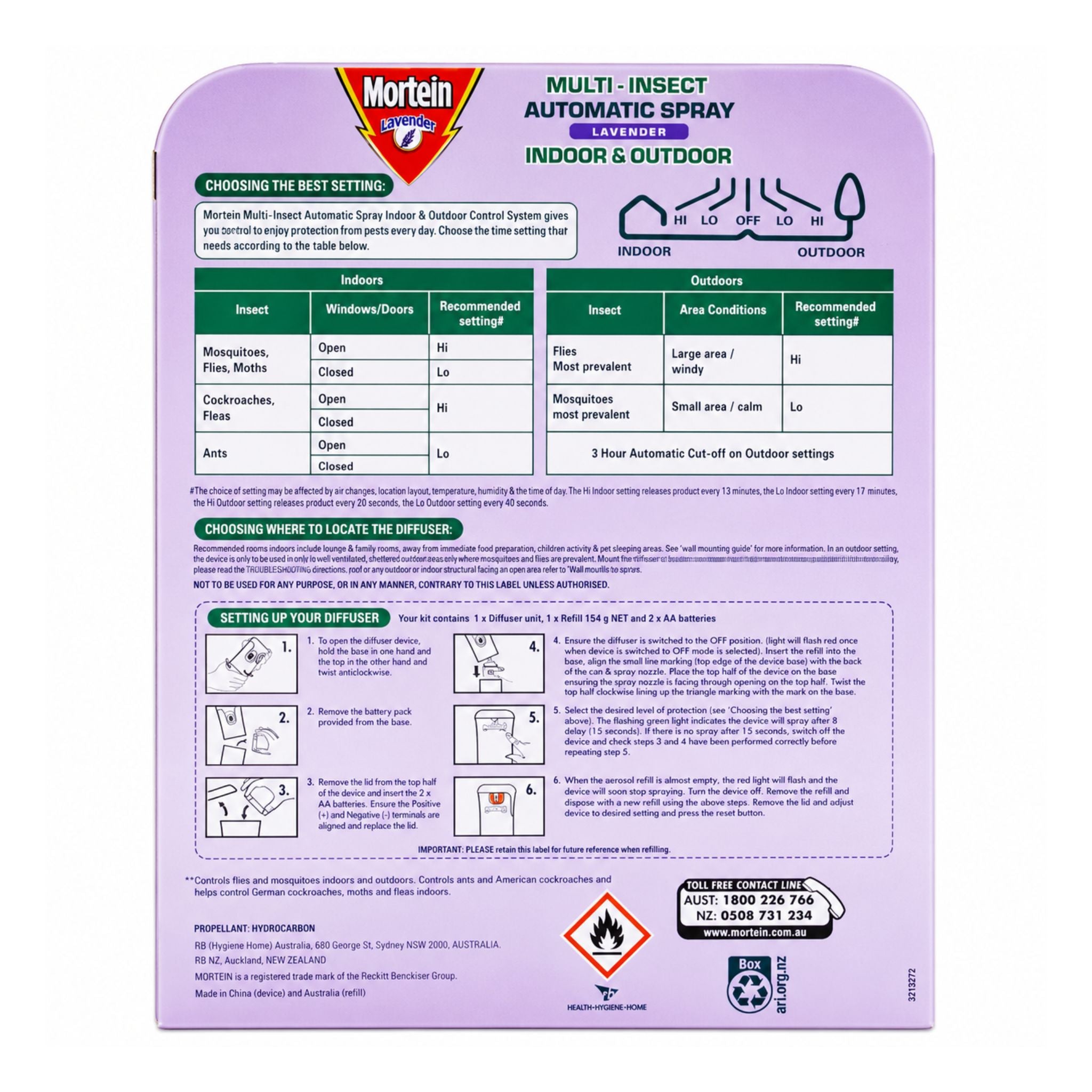 Mortelin Multi-Insect Automatic Spray outdoor and indoor application instructions card, featuring a purple background with green and white text, tables, and product details.