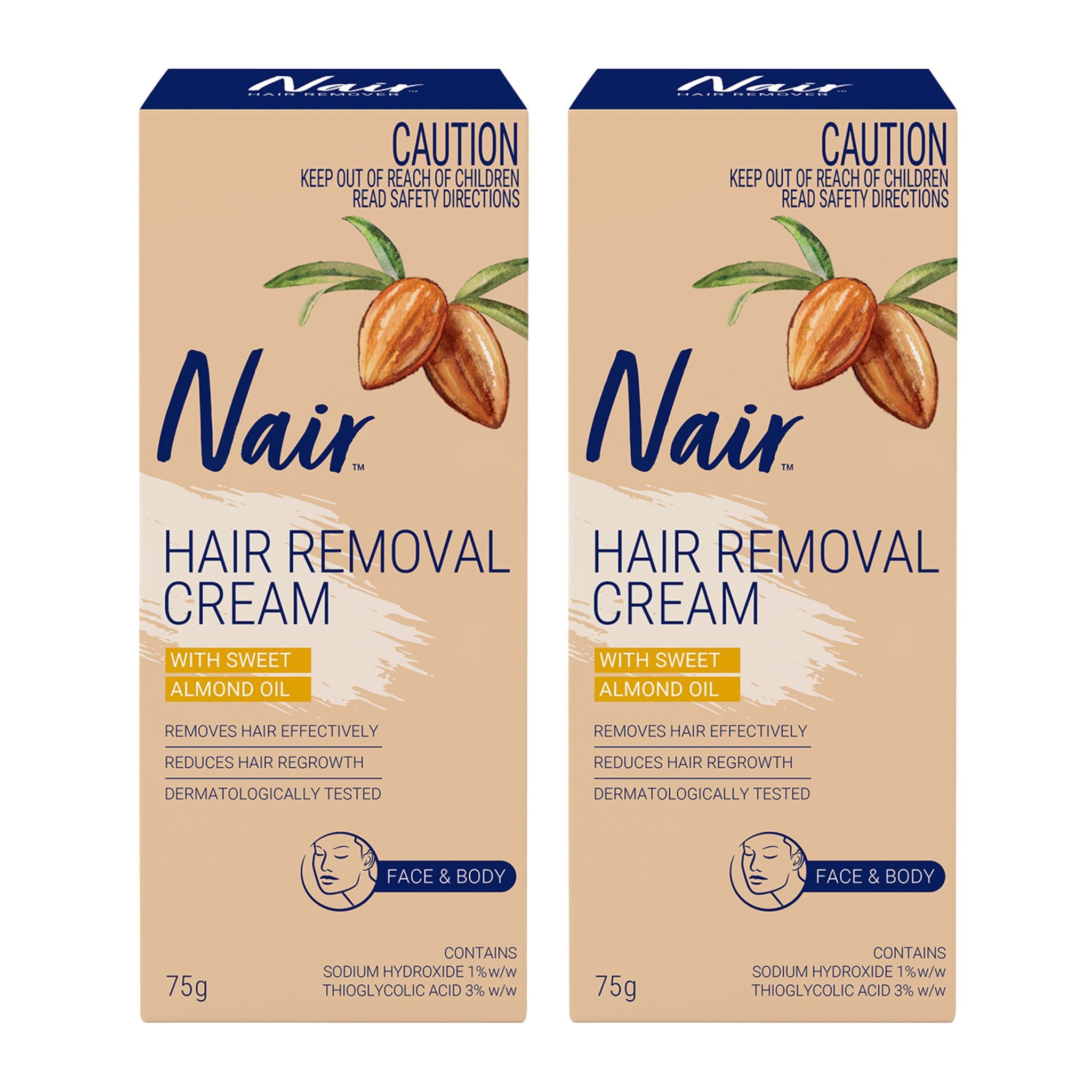 Two boxes of Nair hair removal cream with almond oil on a white background