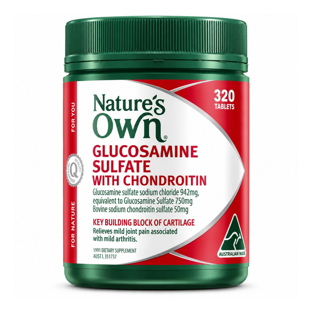 Front bottle of Nature's Own Glucosamine Sulfate with Chondroitin 320 Tablets