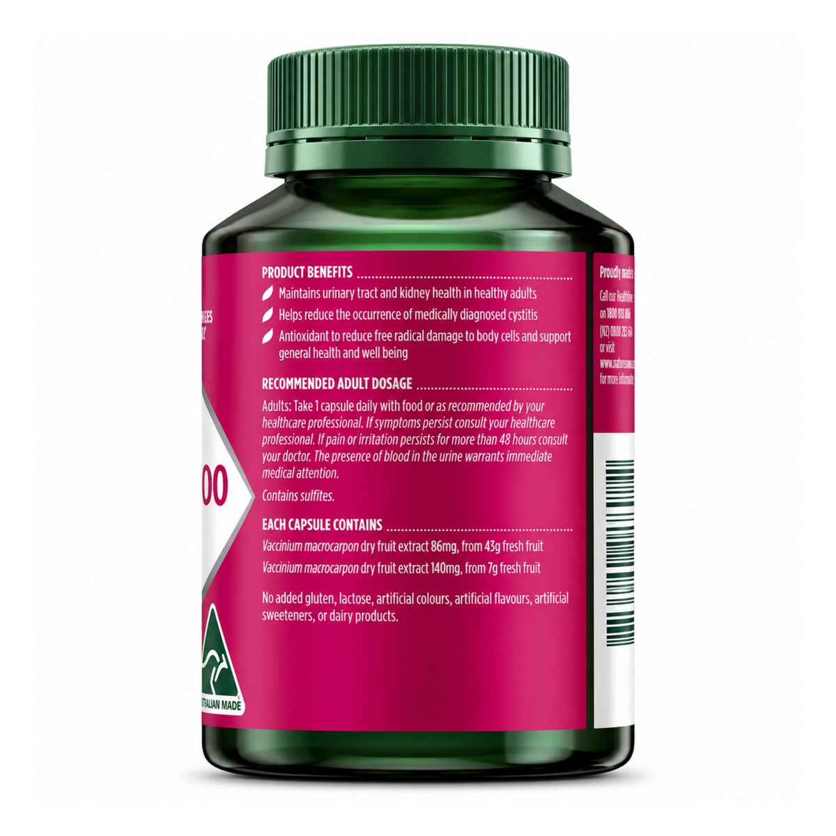 A dark green bottle of dietary supplements with a bright pink label, shown from the back on a clean white background.