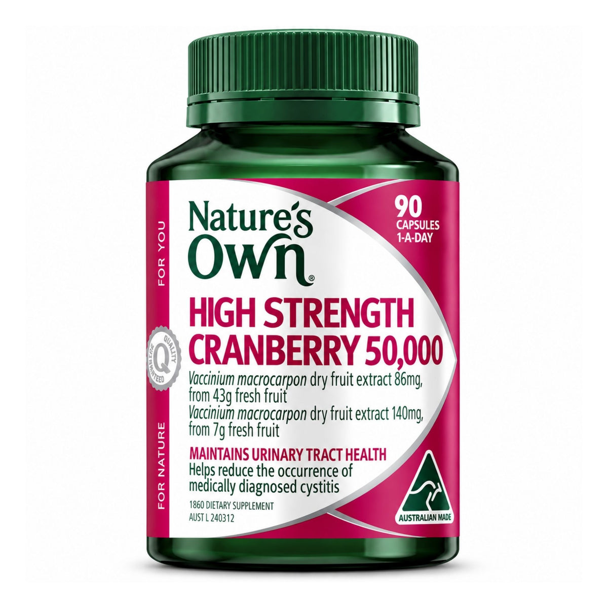 Nature's Own High Strength Cranberry 50,000 dietary supplement in a dark green bottle with a green cap, featuring a white and magenta label.