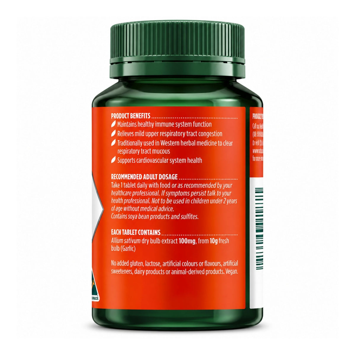 Back label showing directions and ingredients for Nature's Own High Strength Garlic 10,000 mg 100 Tablets