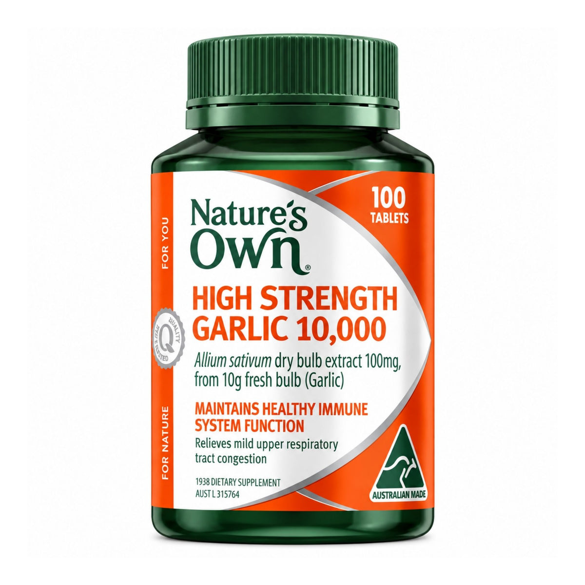 Front bottle of Nature's Own High Strength Garlic 10,000 mg 100 Tablets