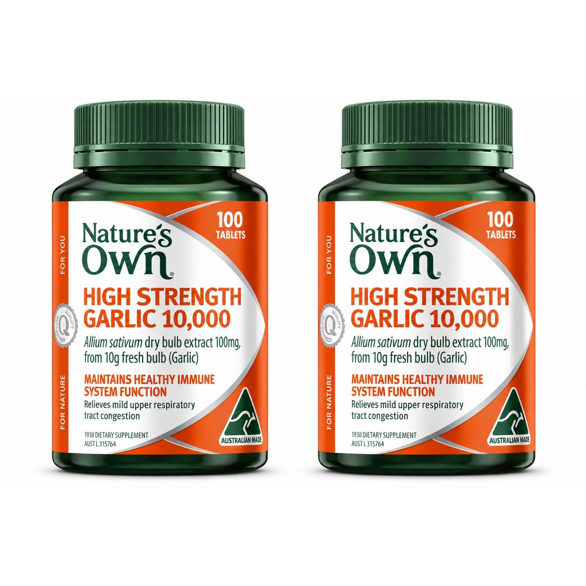 Twin pack of Nature's Own High Strength Garlic 10,000 mg 100 Tablets bottles