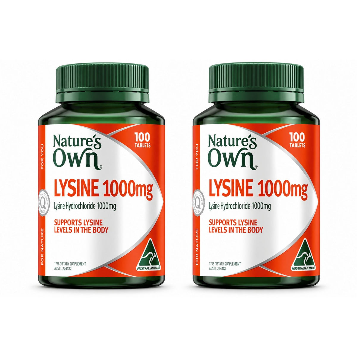 Twin pack of Nature's Own Lysine 1000 mg 100 Tablets bottles