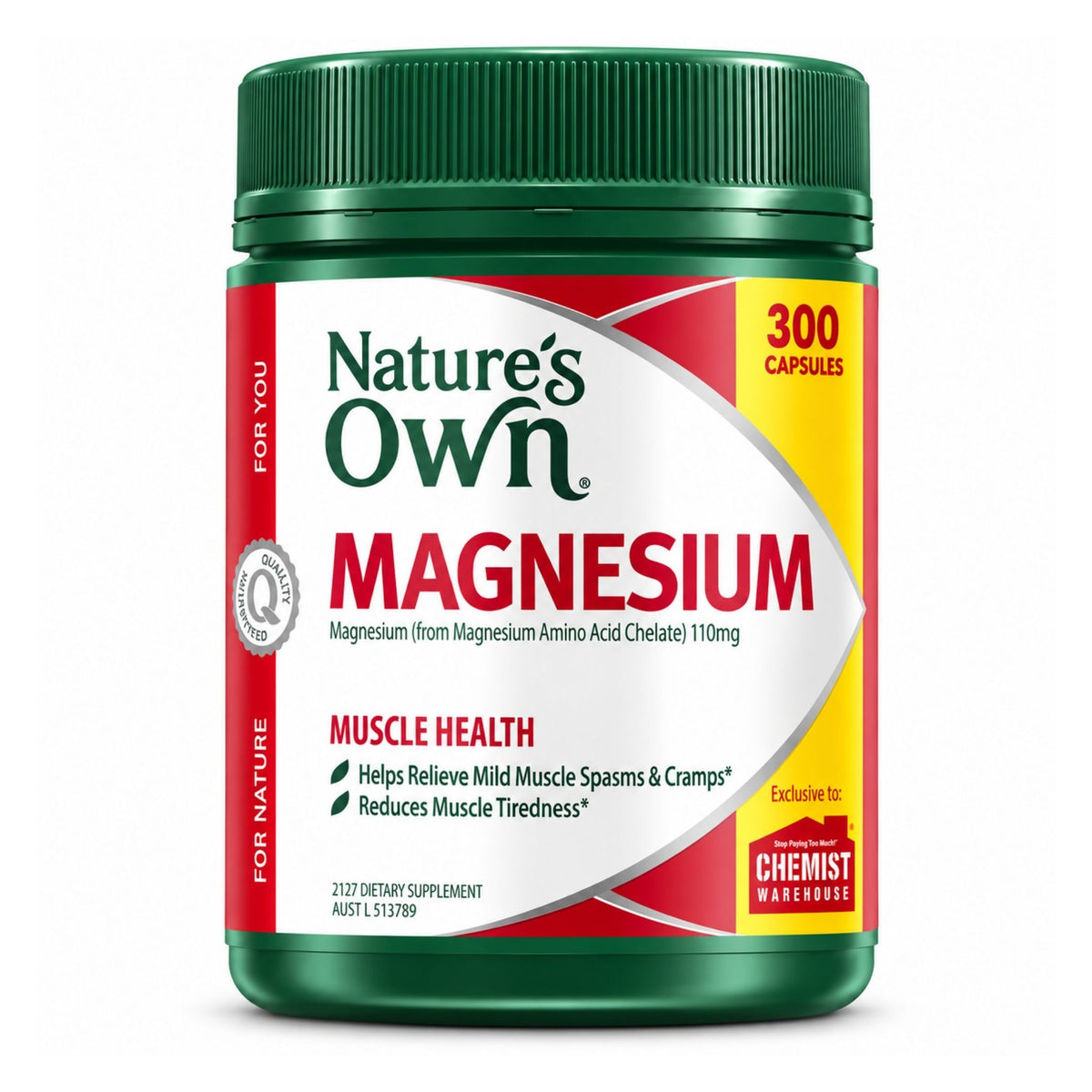 Nature's Own Magnesium supplement bottle with a green cap and a red, white, and yellow label, containing 300 capsules.
