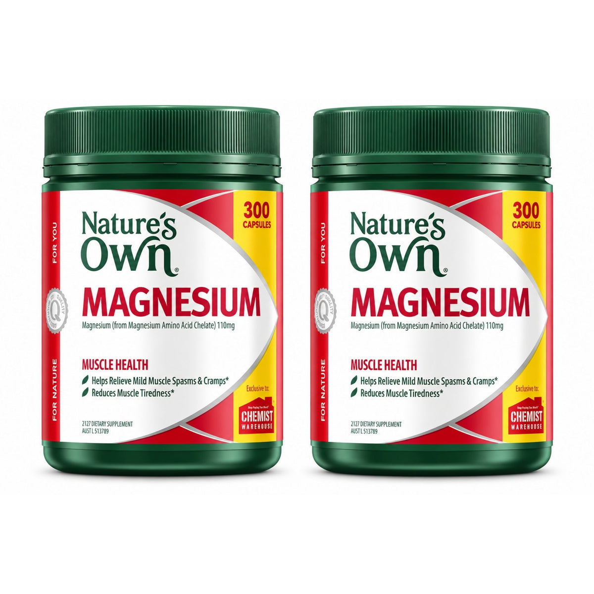 Two bottles of Nature's Own Magnesium supplement side by side on a white background.