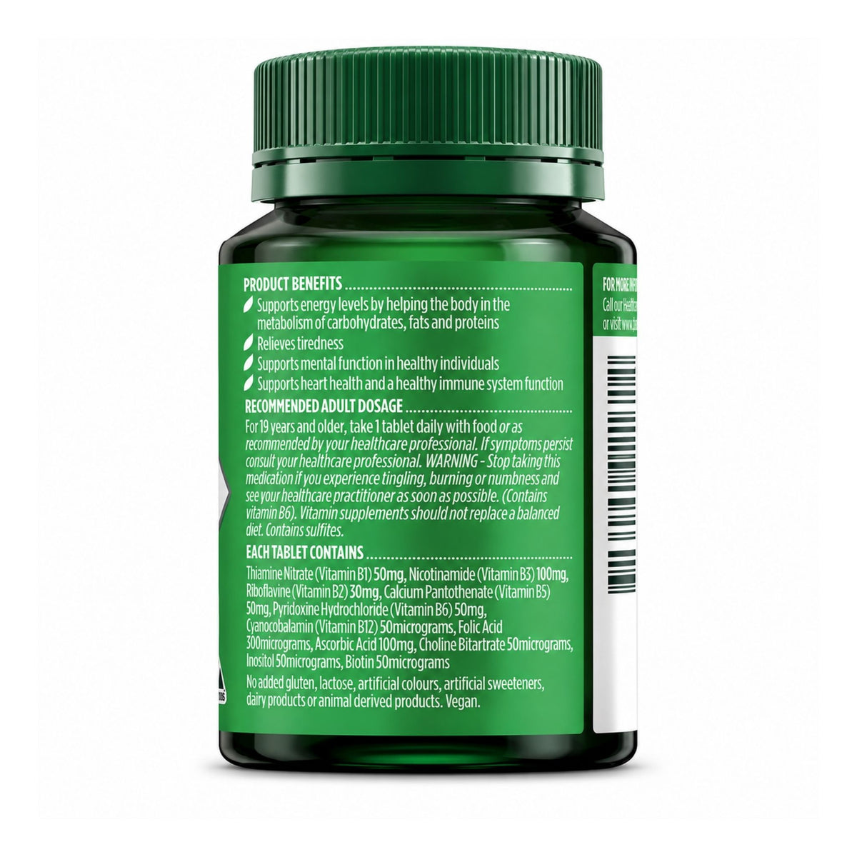 Back view of a dark green dietary supplement bottle with a matching green cap, showing the product benefits and recommended adult dosage text on a white background.