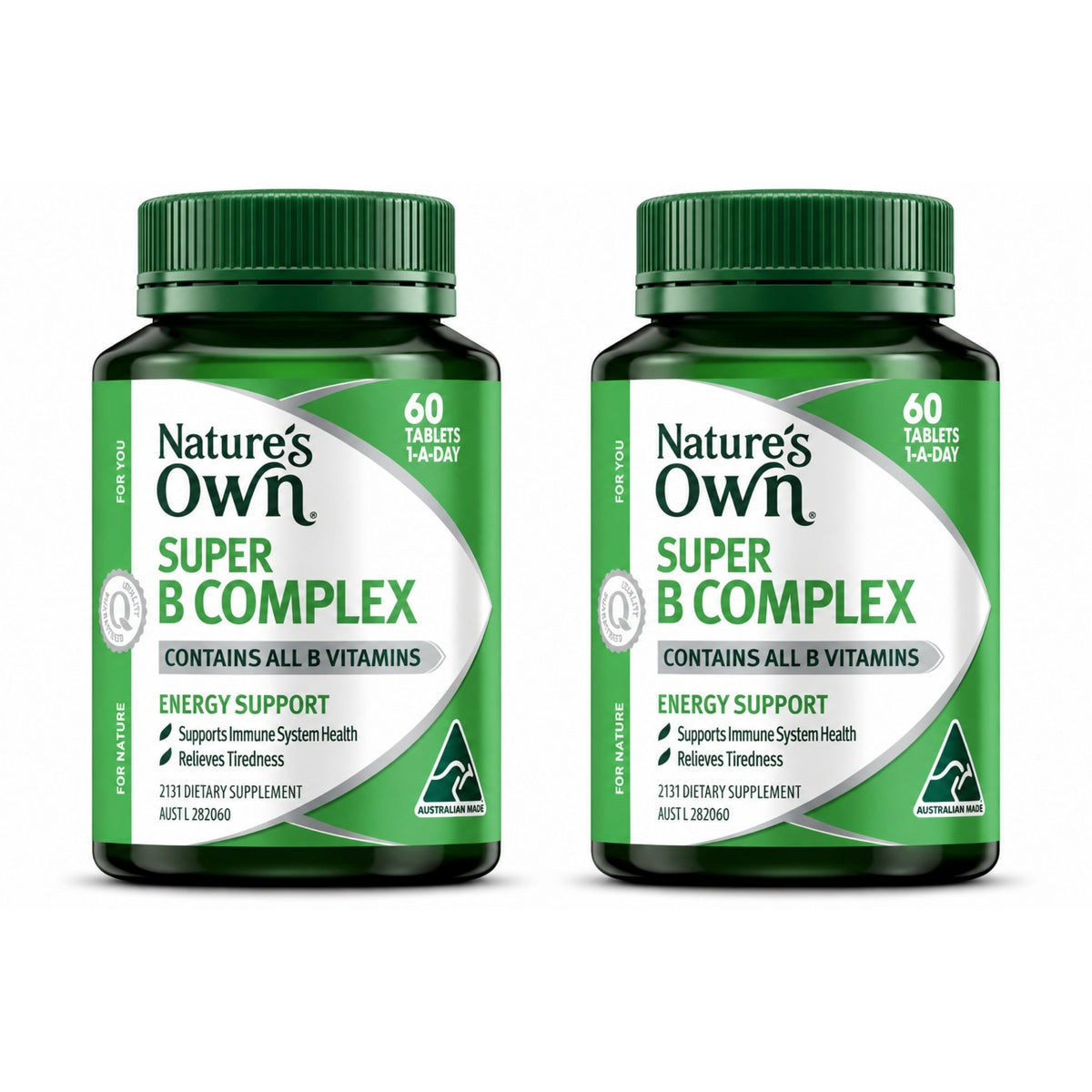 Two bottles of Nature's Own Super B Complex dietary supplement side by side on a white background.