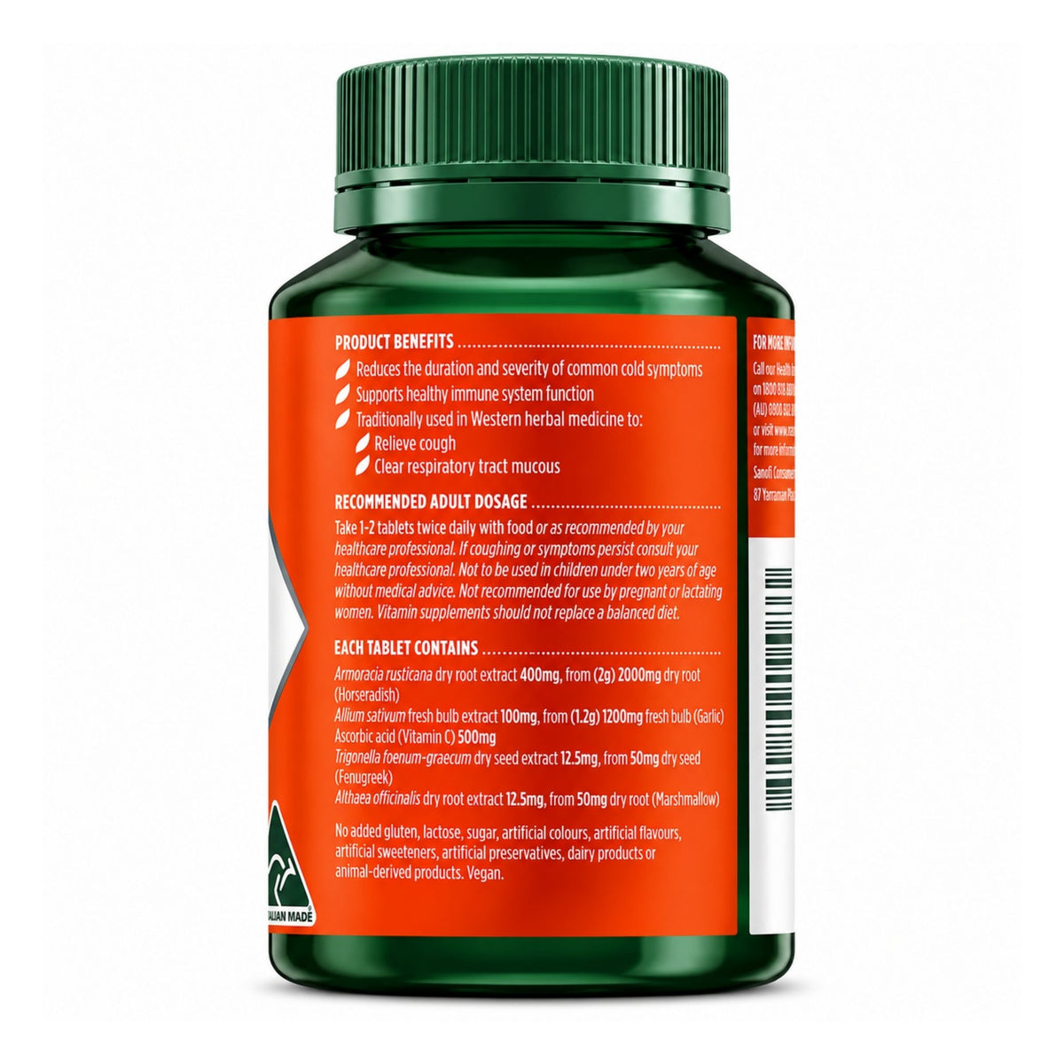 Back label showing directions and ingredients for Nature's Own Triple Strength Garlic + C Horseradish 100 Tablets