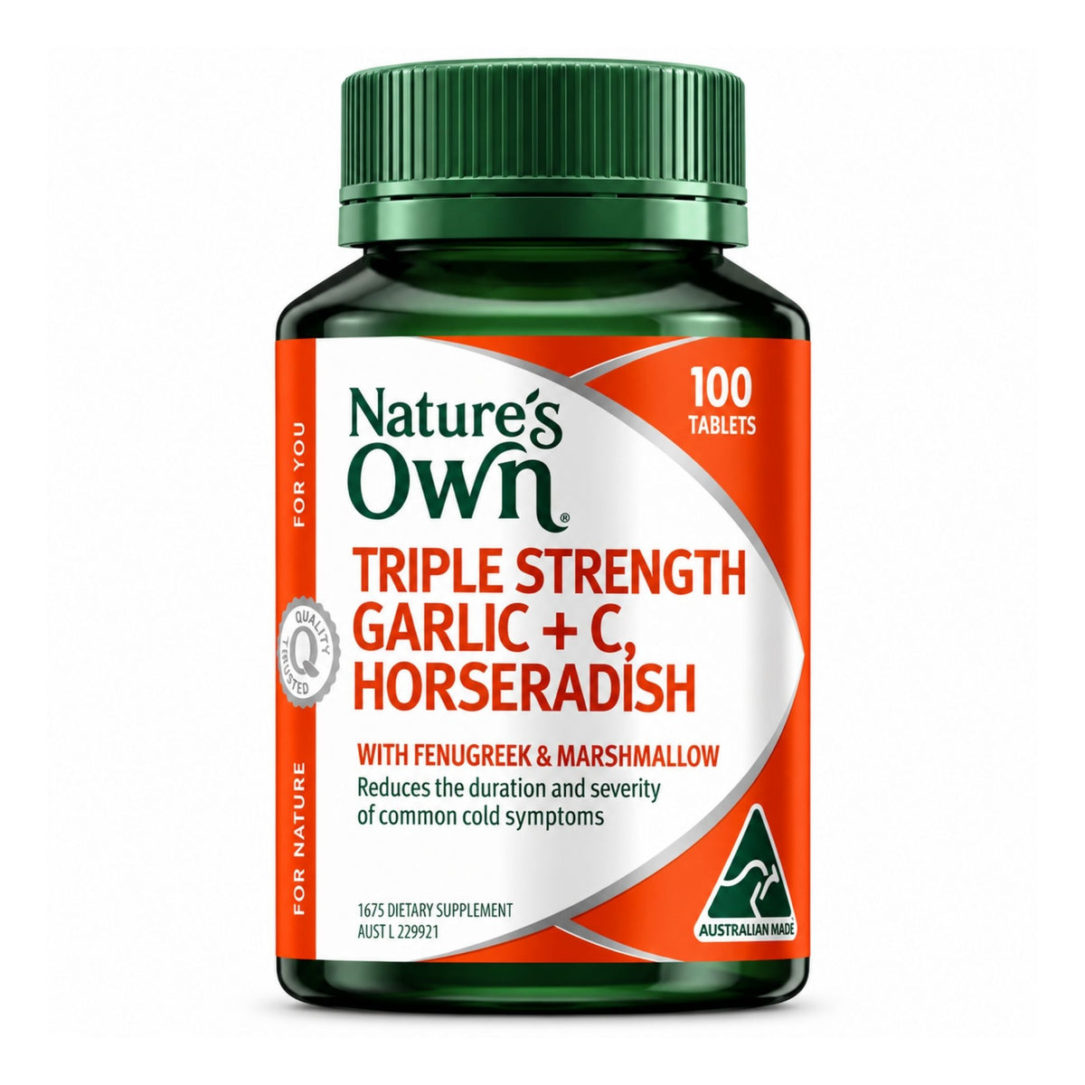 Front bottle of Nature's Own Triple Strength Garlic + C Horseradish 100 Tablets