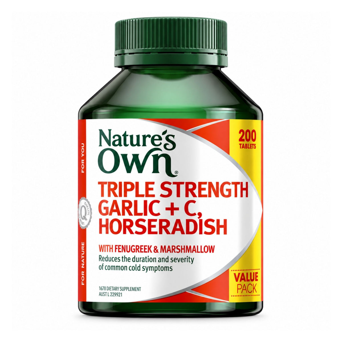 Nature's Own Triple Strength Garlic + C, Horseradish dietary supplement bottle with 200 tablets, featuring a green bottle, dark green cap, and a white, red, and yellow label.