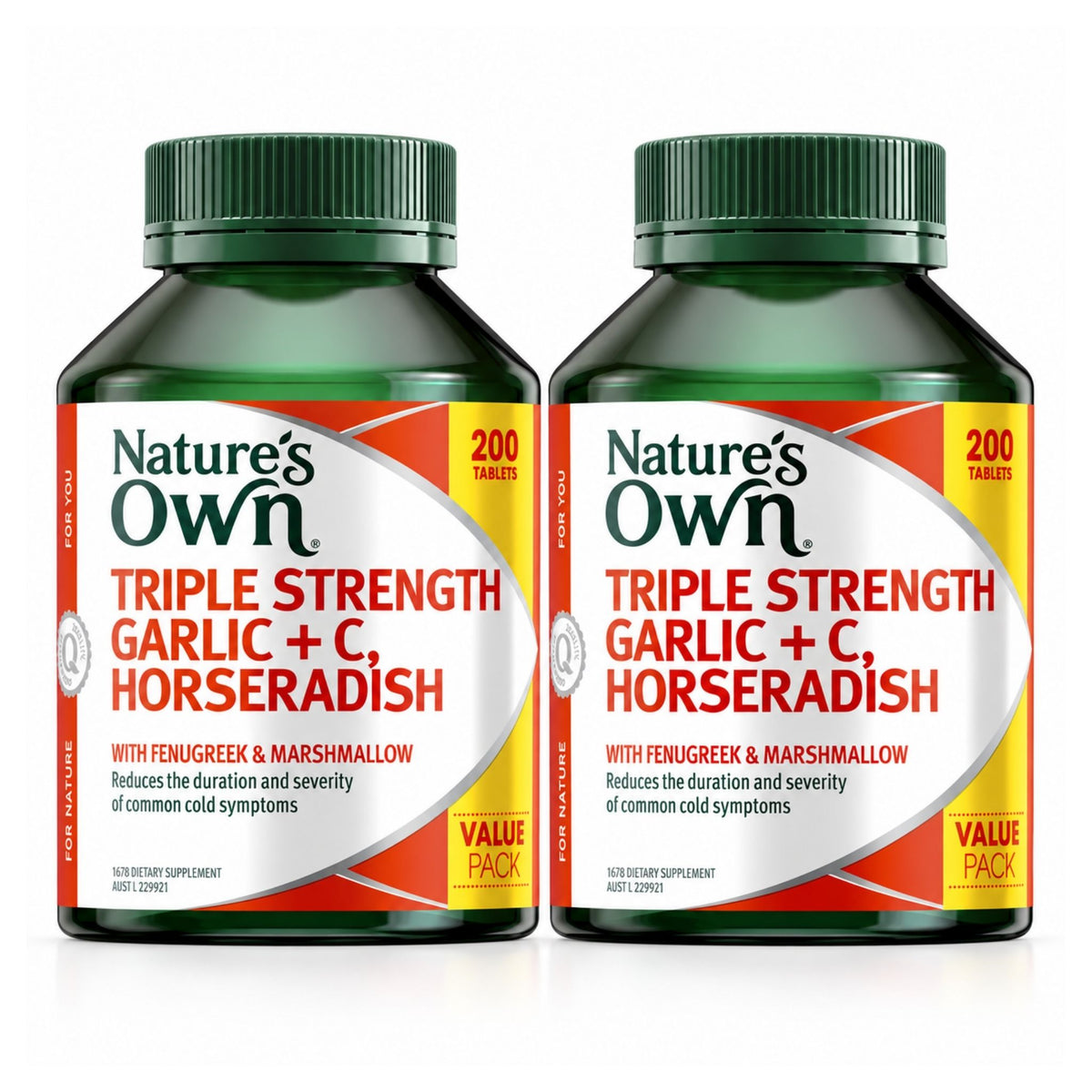 Two bottles of Nature's Own Triple Strength Garlic + C, Horseradish dietary supplement, 200 tablets each, shown side-by-side on a white background.
