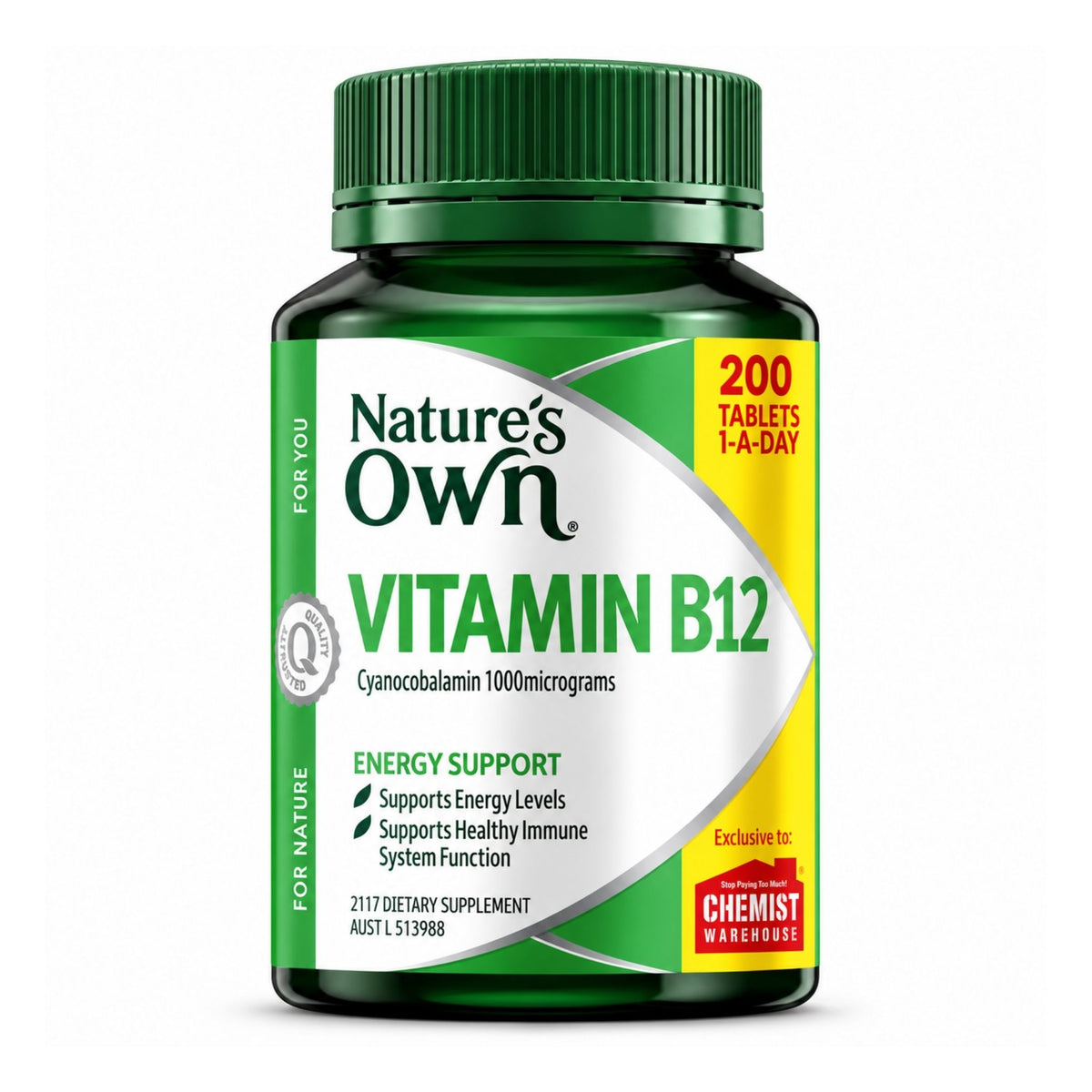 Nature's Own Vitamin B12 dietary supplement bottle with a green cap and a green, white, and yellow label, containing 200 tablets.