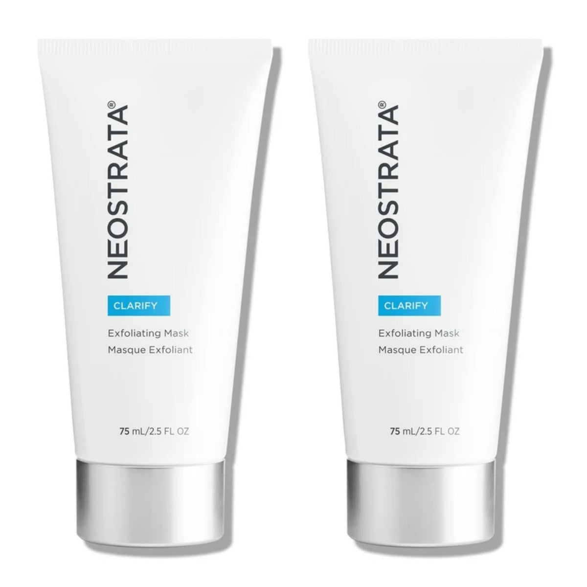 Two white tubes of NEOSTRATA Clarify Exfoliating Mask with silver caps, displayed side-by-side on a white background.