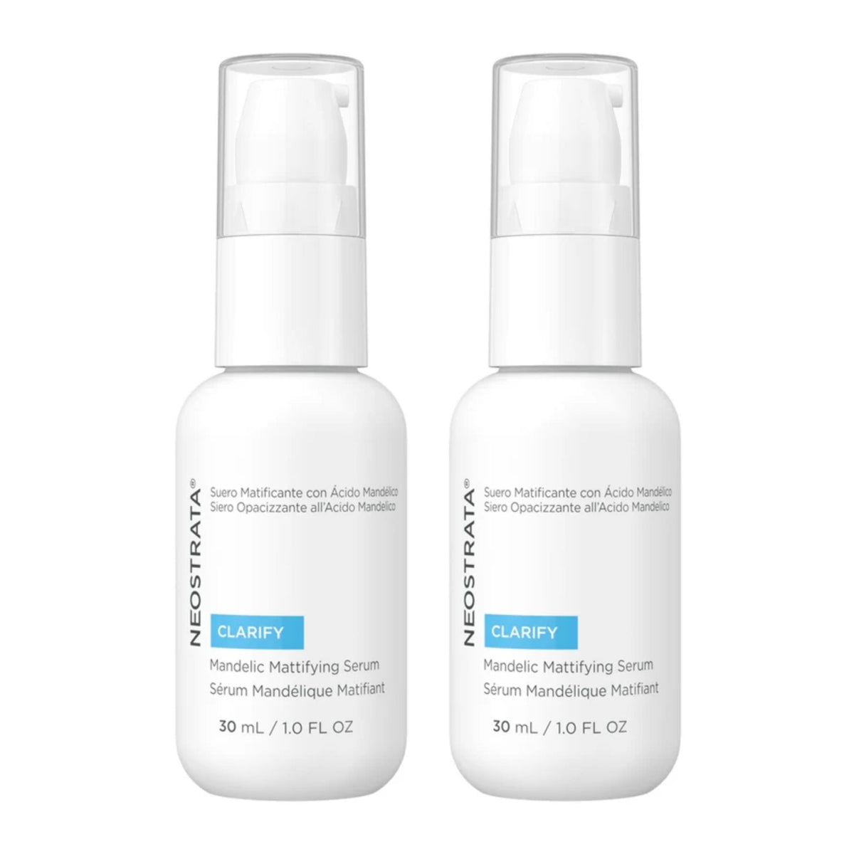 Two white pump bottles of NEOSTRATA Clarify Mandelic Mattifying Serum side by side on a plain white background.