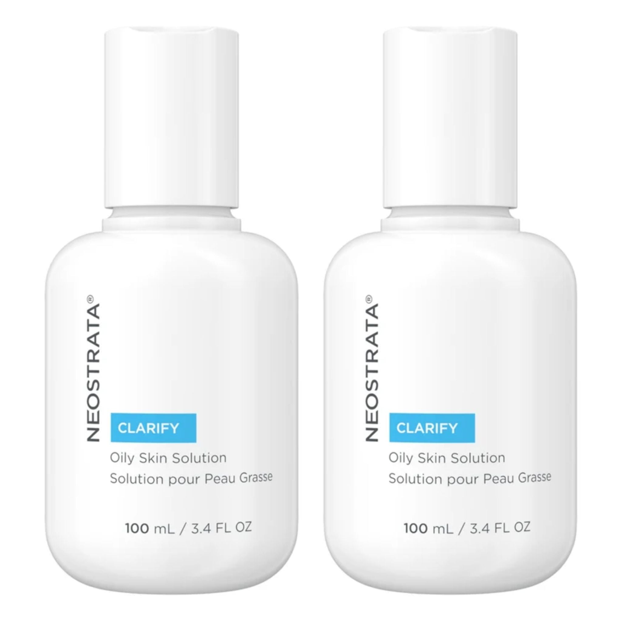 Two white bottles of NEOOSTRATA CLARIFY Oily Skin Solution, 100 mL each, shown side by side on a plain white background.