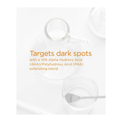 Product packaging with text about targeting dark spots using AHA/PHA exfoliating blend on a white background.