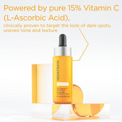 Neostar Vita serum bottle with text about vitamin C and its benefits on a white background